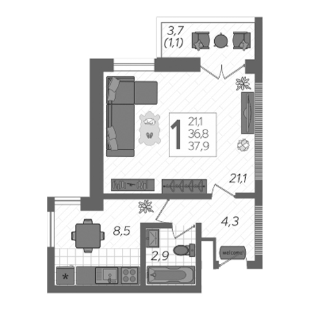 1 комнатная 37.9м²