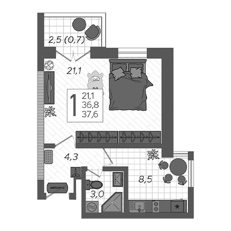 1 комнатная 37.6м²