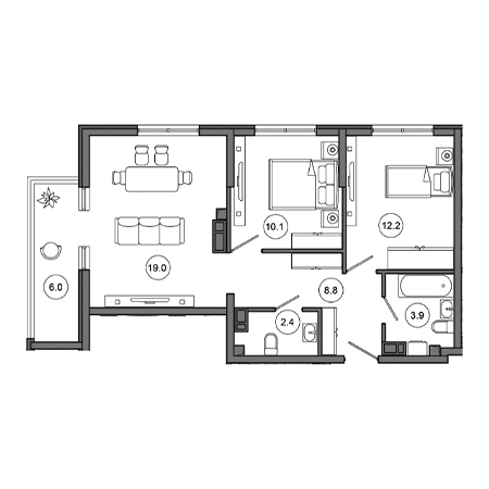 2 комнатная 62.4м²