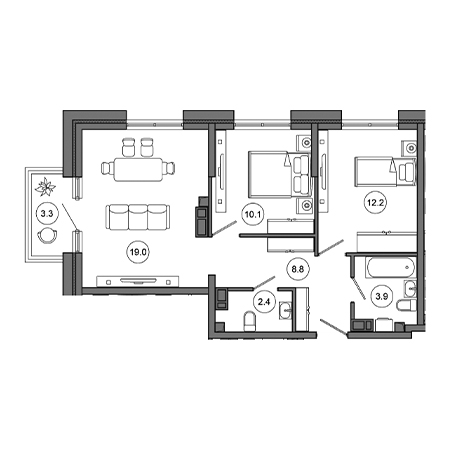 2 комнатная 59.7м²