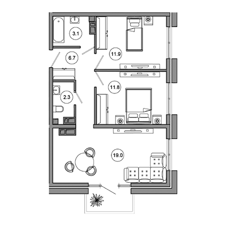 2 комнатная 58.1м²