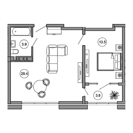 1 комнатная 50.6м²