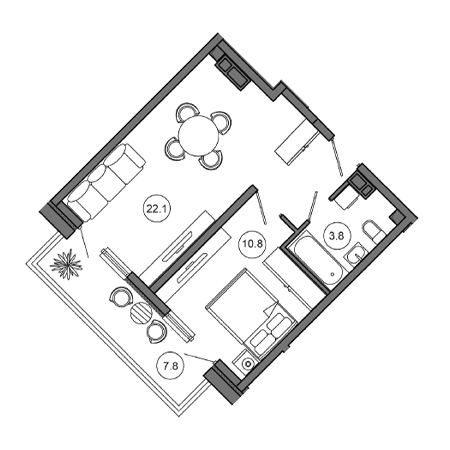 1 комнатная 44.5м²