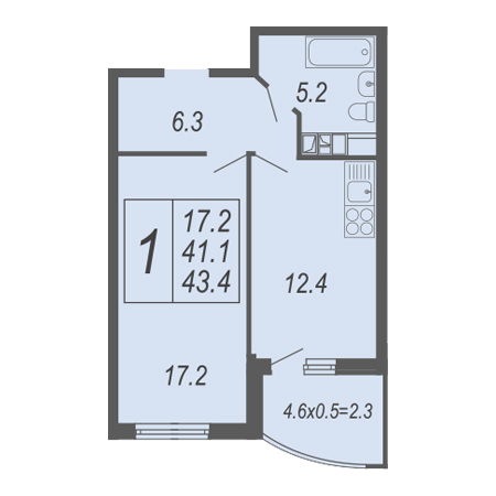 1 комнатная 43.4м²