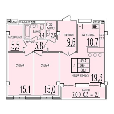 3 комнатная 88.1м²