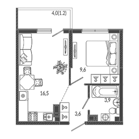 1 комнатная 34.8м²