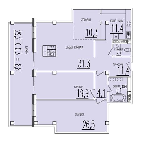 3 комнатная 132.5м²