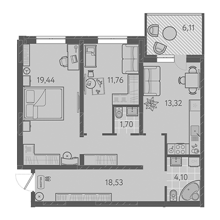 2 комнатная 70.68м²