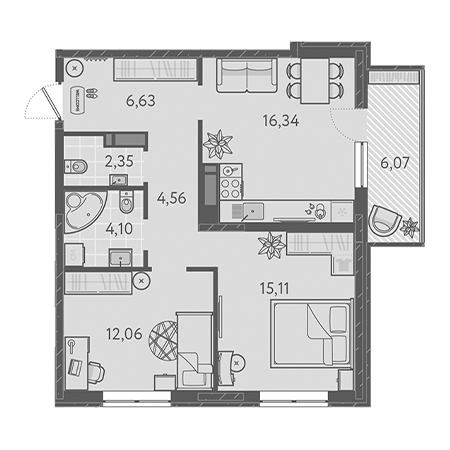 2 комнатная 62.97м²