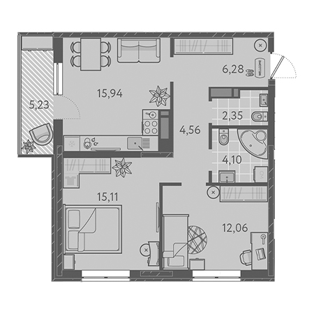 2 комнатная 61.97м²