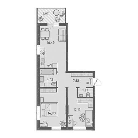 2 комнатная 59.25м²