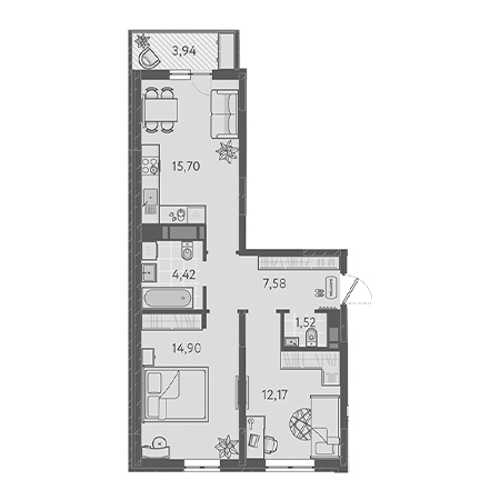 2 комнатная 57.47м²