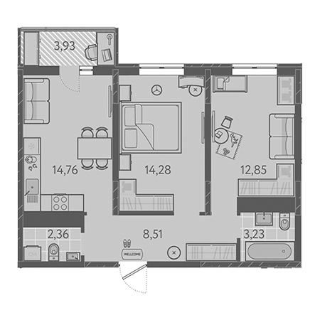 2 комнатная 57.17м²