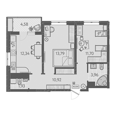 2 комнатная 56.93м²