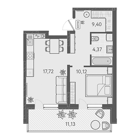 1 комнатная 44.95м²