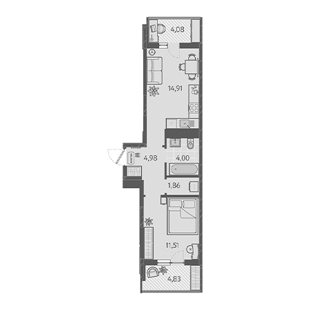 1 комнатная 41.72м²