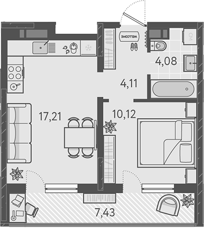 1 комнатная 39.24м²