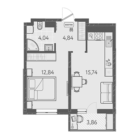 1 комнатная 38.62м²