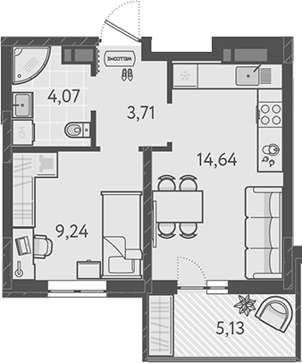 1 комнатная 33.2м²