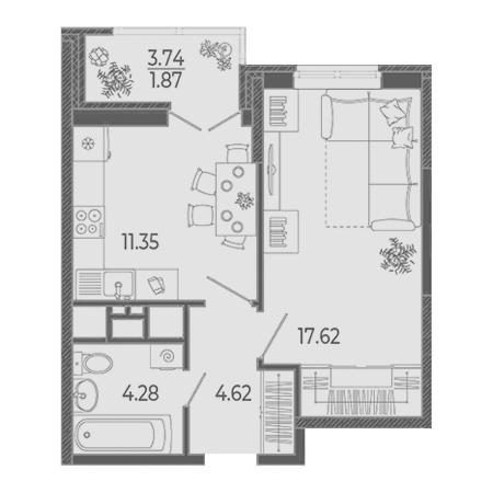 1 комнатная 39.74м²