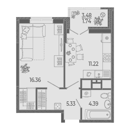 1 комнатная 39.04м²