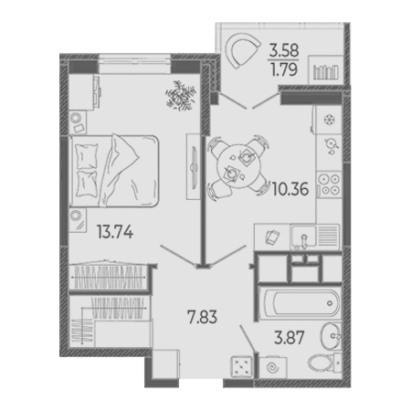 1 комнатная 37.59м²