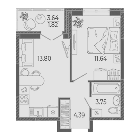 1 комнатная 35.4м²