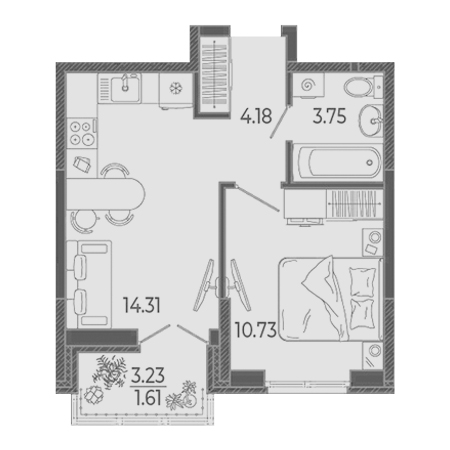 1 комнатная 34.58м²