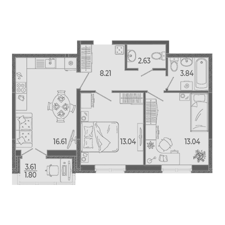 2 комнатная 59.17м²