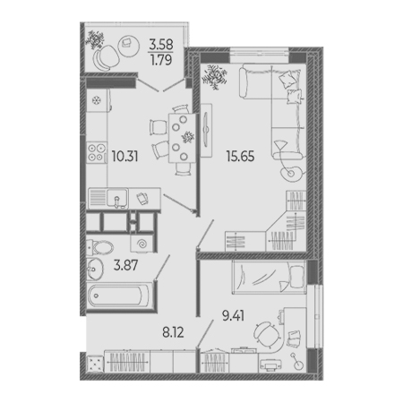 2 комнатная 49.15м²