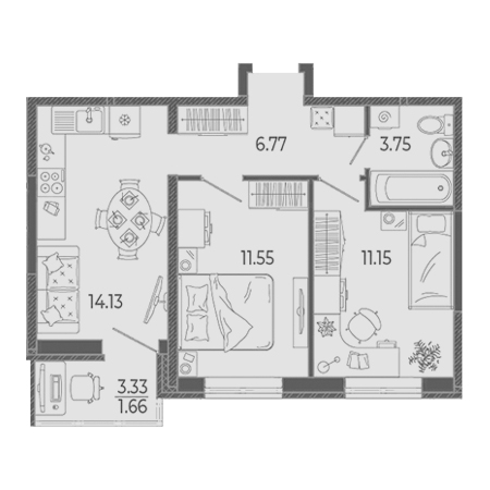 2 комнатная 49.01м²