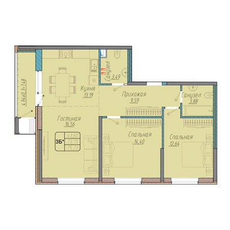 3 комнатная 75.23м²