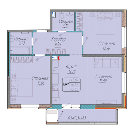 3 комнатная 72.4м²