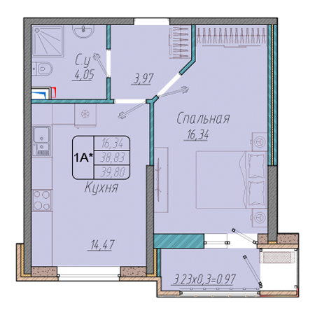 1 комнатная 39.8м²