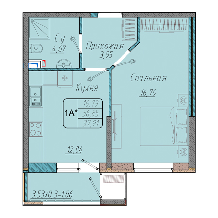 1 комнатная 37.91м²