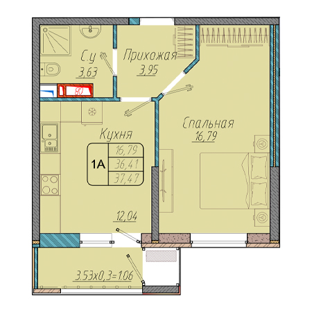 1 комнатная 37.47м²