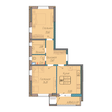 2 комнатная 56.82м²