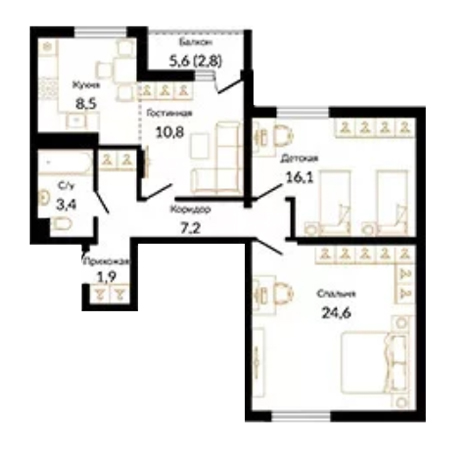 3 комнатная 75.3м²