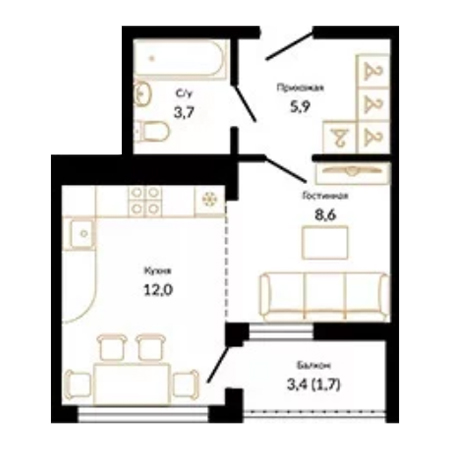 1 комнатная 33.6м²