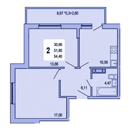 2 комнатная 54.4м²