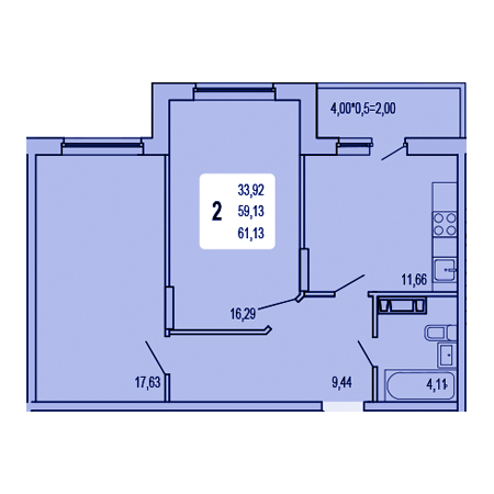 2 комнатная 61.13м²