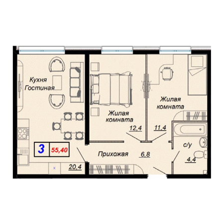 2 комнатная 55.4м²