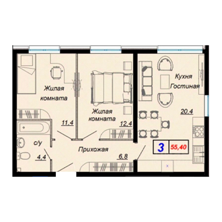 3 комнатная 55.4м²