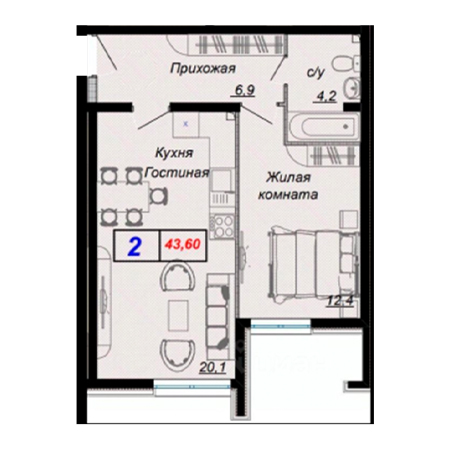 1 комнатная 43.6м²