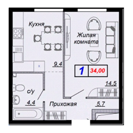 1 комнатная 34м²