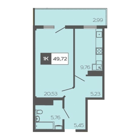 1 комнатная 49.72м²