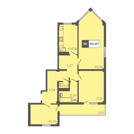 3 комнатная 86.87м²