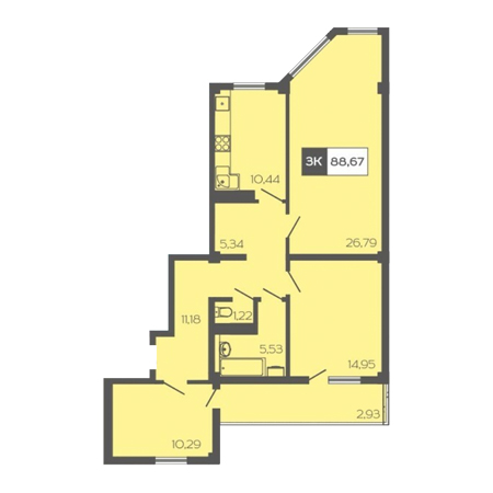 3 комнатная 88.67м²