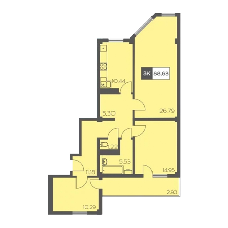 3 комнатная 88.63м²