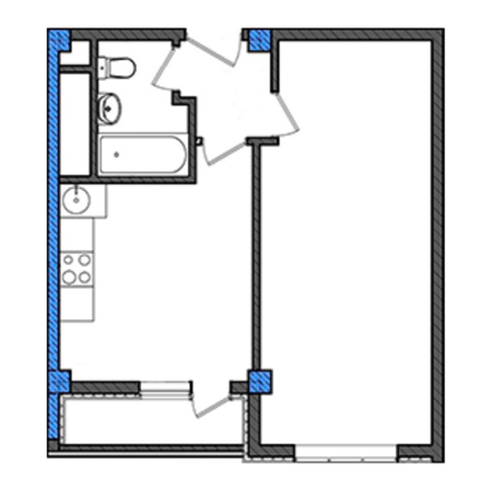 1 комнатная 41м²